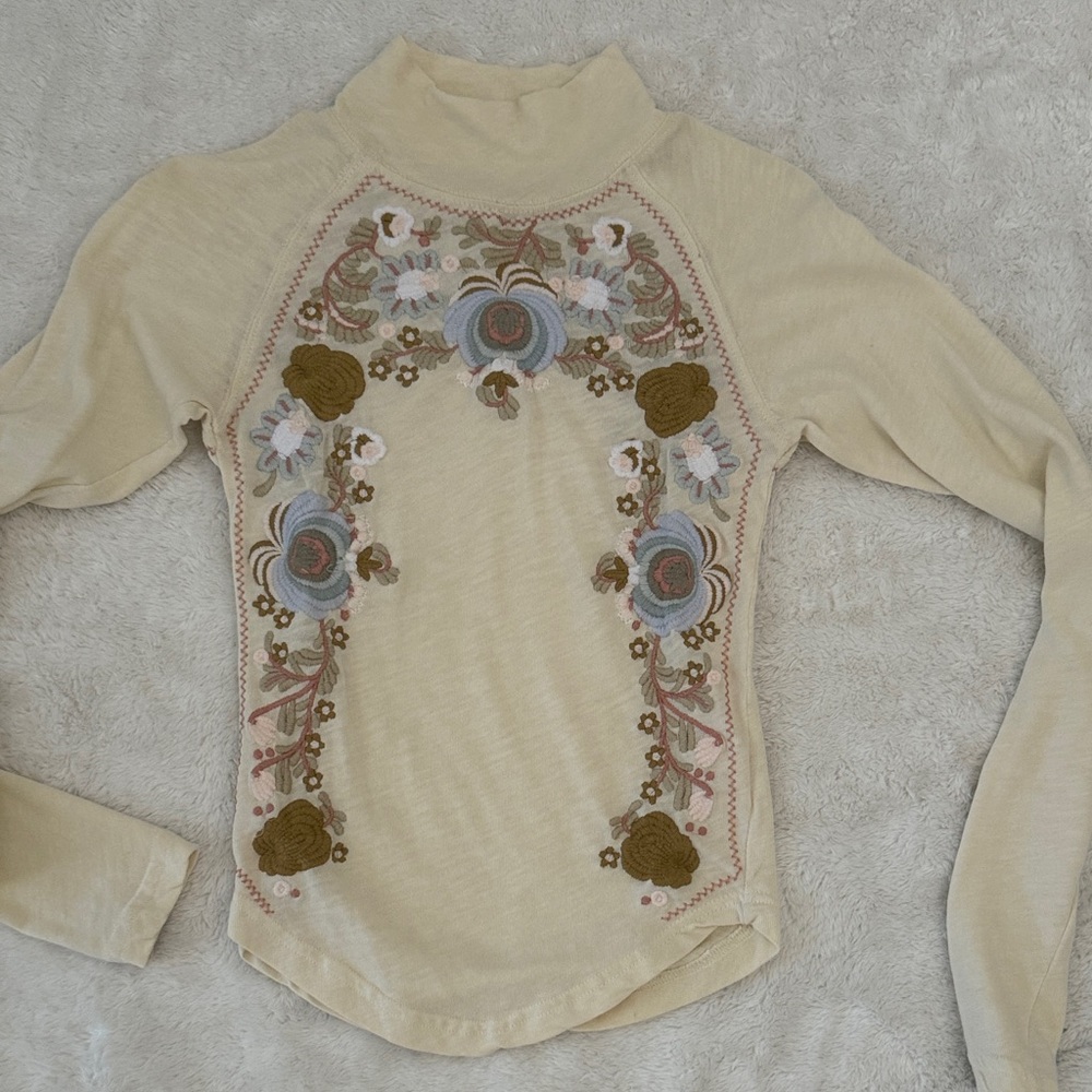 Free People Cream Floral Embroidered Long Sleeve Top